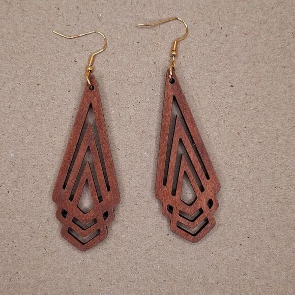 Brown abstract long drop earring geometric shape jewelry - Picture 1 of 3